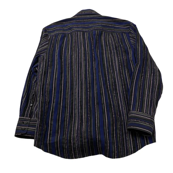 Jhane Barnes Mens Button Up Party Shirt Sz M Blue Black Purple Striped Embroider - Picture 3 of 7